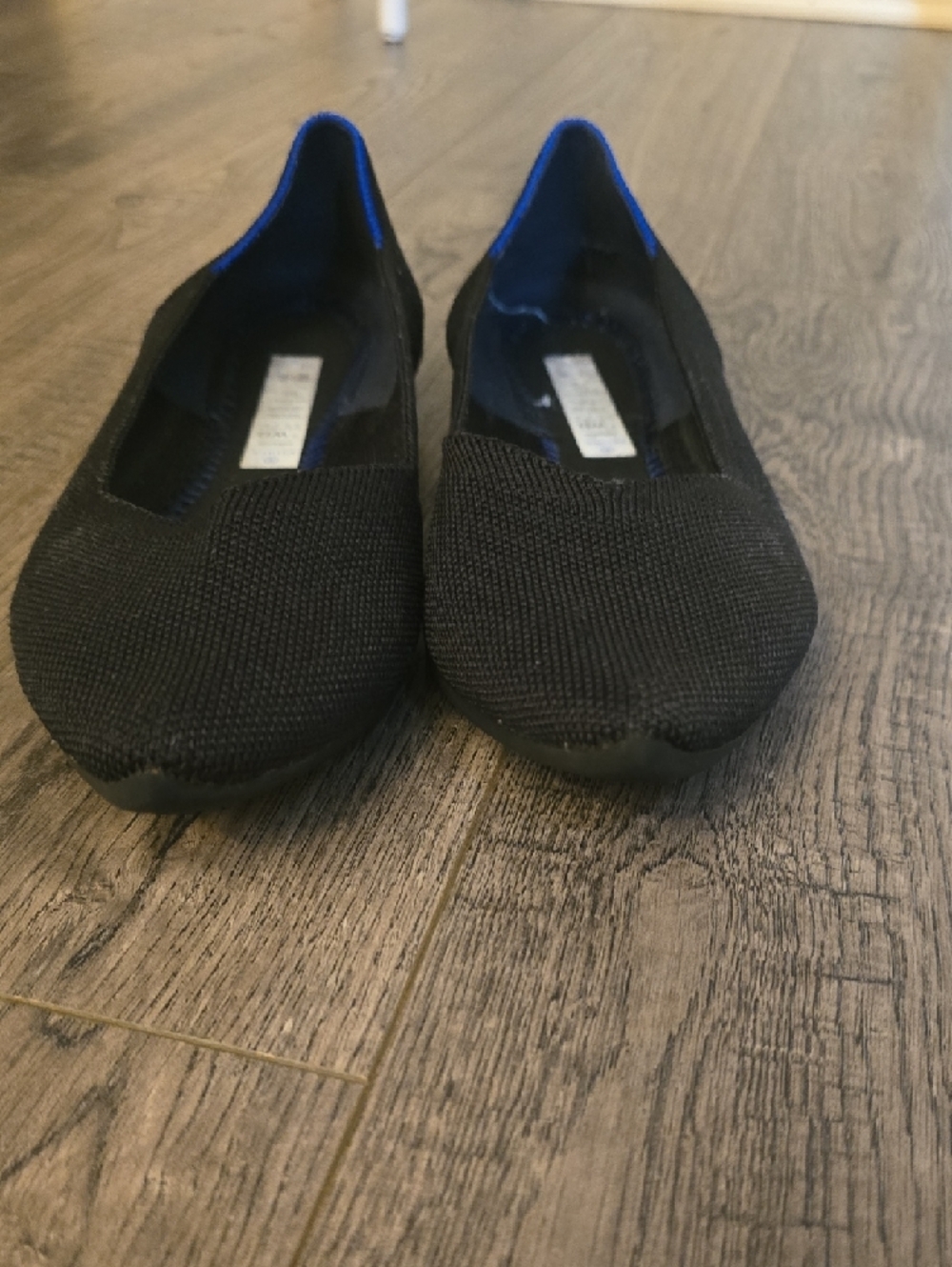 Rothy's Black Pointed Knit Flats with Blue Trim - Picture 4 of 6